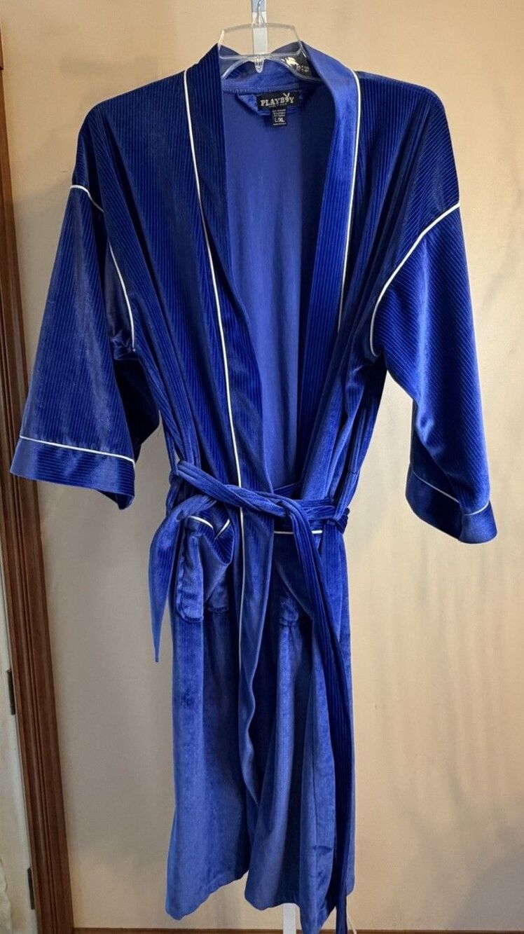 Vtg. Playboy Robe Jacket Acetate Hugh Hefner Smoking Kimono Electric Blue L/XL